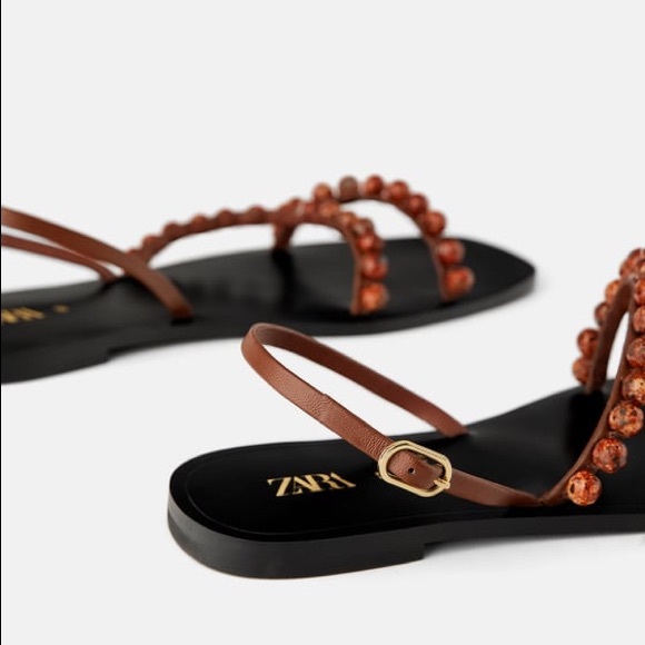 ZARA LEATHER BEADED FLAT SANDALS BRAND NEW WITH TAGS & BOX US 8 EUR 39 BROWN - Picture 6 of 6